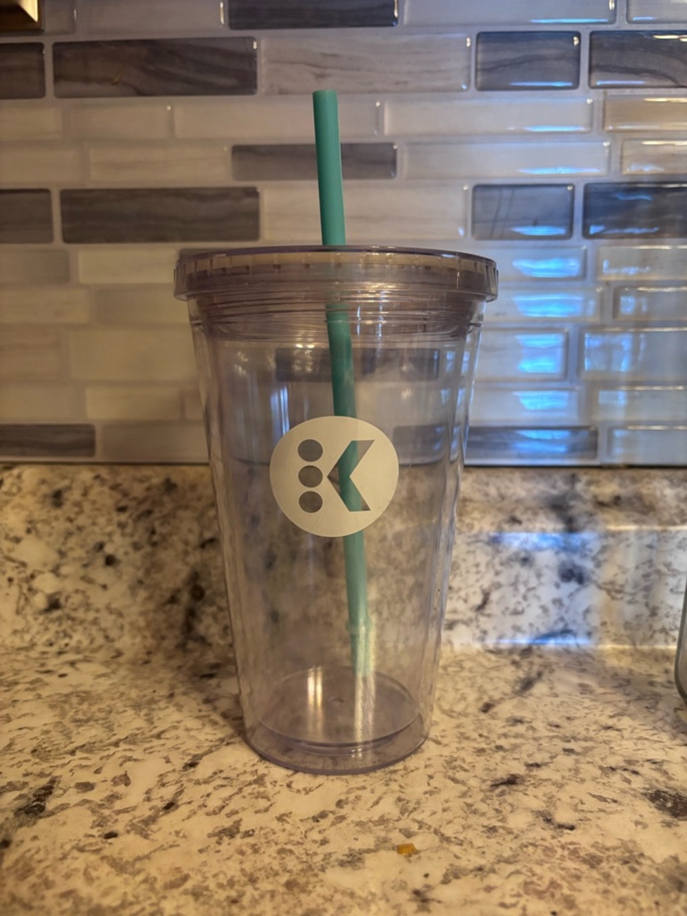 Clear Keurig Tumbler with Mint Straw and Logo